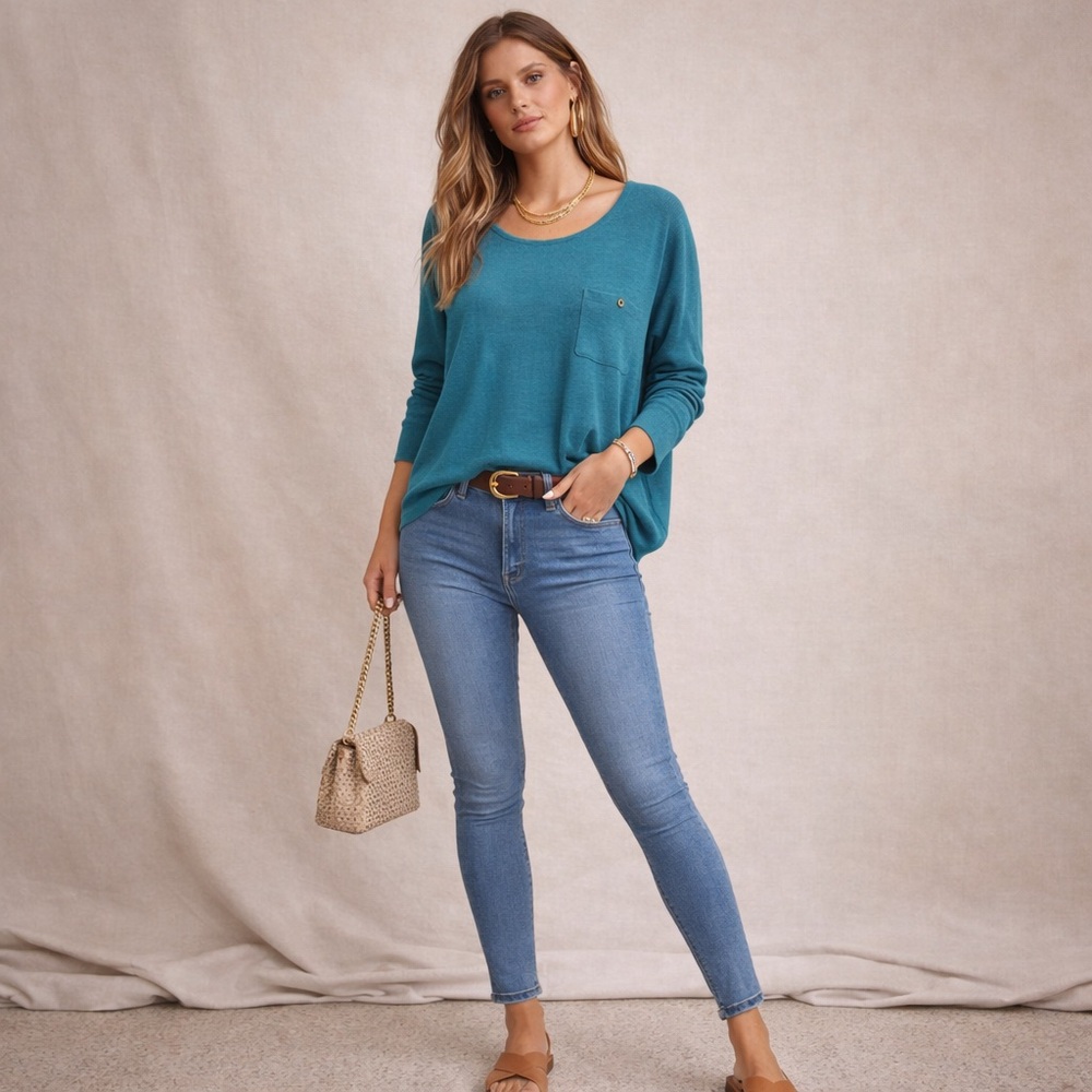 HANNAH Teal Ribbed Knit Sweater – Soft Luxe Pocket Top Relaxed Fit Size M